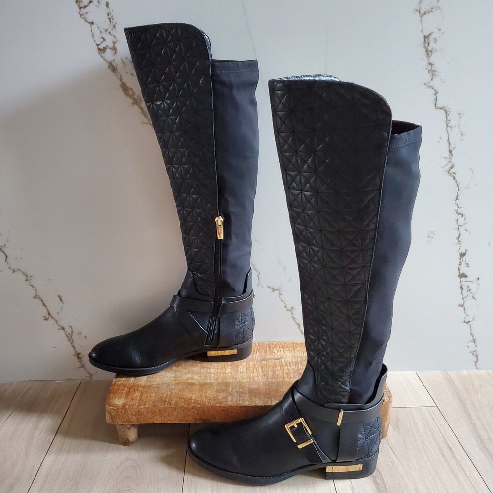 Vince Camuto Boots Womens 7 Black Leather Patira Quilted Over The Knee Riding